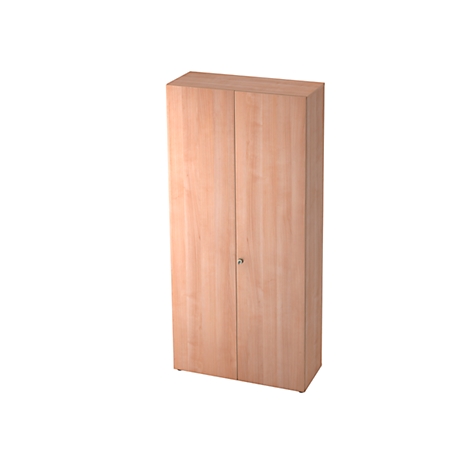 A tall cabinet made of light wood, with two doors, a small lock, and a simple shape.