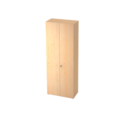 A tall, beige cabinet with two doors, a small handle, and light woodgrain, isolated against a white background.