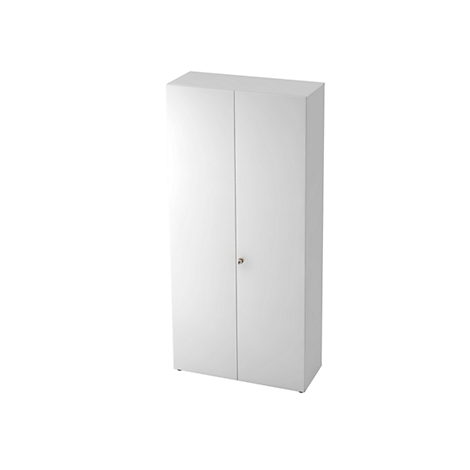White cabinet with two doors and a knob in the middle.