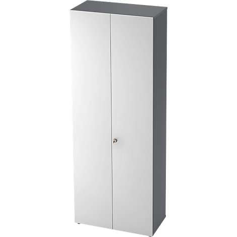 White cabinet with two doors, metal handle and gray sides.