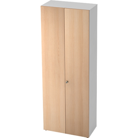 A tall cabinet with two light wood doors. The body is white. In the middle of the doors is a silver knob.