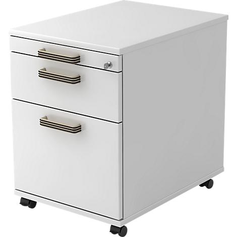 White rolling cabinet with three drawers. Black handles and castors.