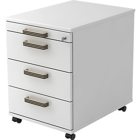 White, three-drawer rolling file cabinet. Beige handles with dark stripes. Black wheels.