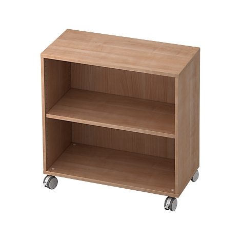 A small wooden cabinet with two shelves, on wheels.