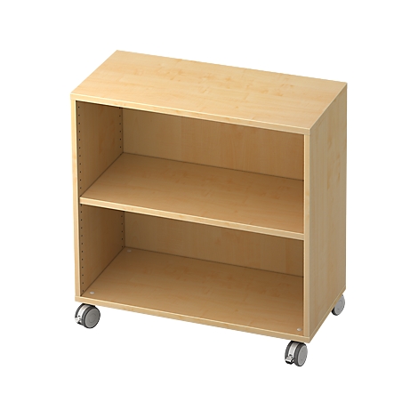 A light brown rectangular cabinet with two shelves stands on wheels.