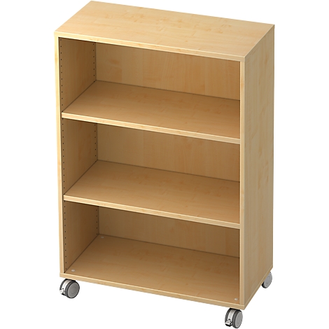 Beige shelf with three compartments on wheels.
