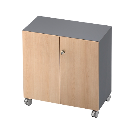 A gray sideboard with two doors made of light wood, silver handle and castors.
