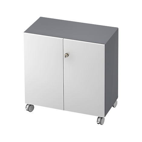 White cabinet with gray top and two doors, on wheels.