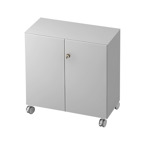 Grey cabinet with two doors, a lock, and wheels.