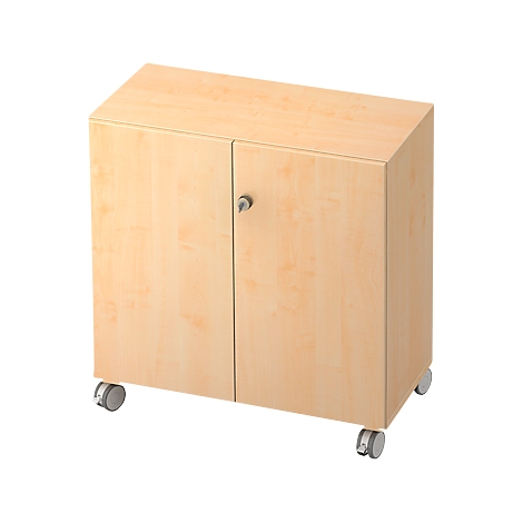 Small, light brown cabinet on wheels with two doors and a small lock.