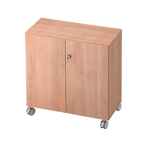 Light brown cabinet with two doors, silver handle and wheels.
