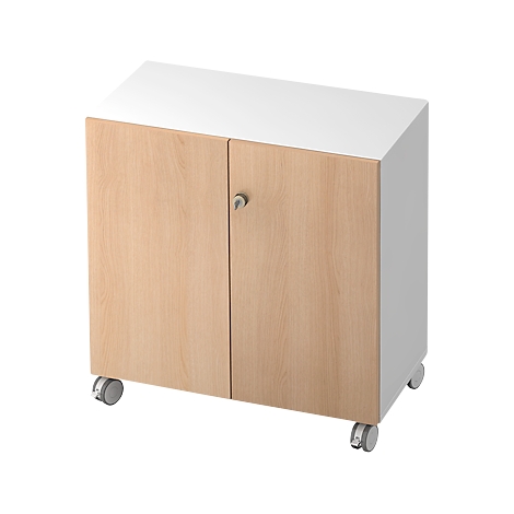 A compact, light brown wooden cabinet with two doors stands on casters, a silver handle.