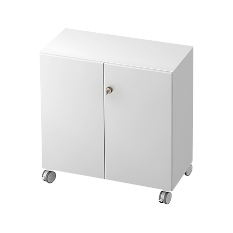 White file cabinet with two doors, castors, and a knob.