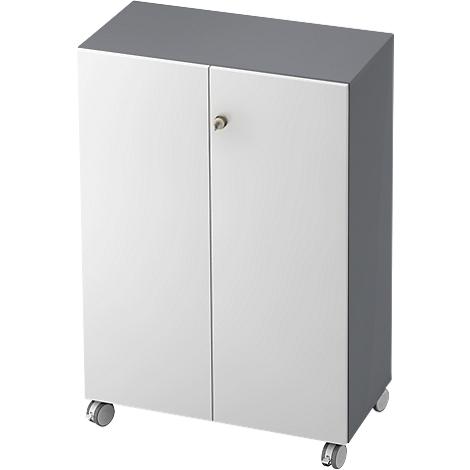 White mobile pedestal with two doors and a lock, gray lid. Wheels on the bottom.
