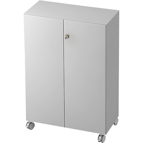 White cabinet with two doors and castors.