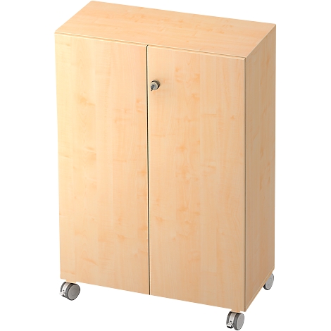 A wooden cabinet with two doors, a handle and castors.