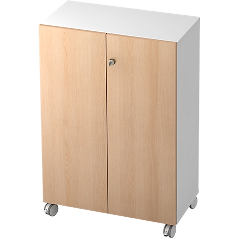 Cabinet with wooden doors and white top on wheels.