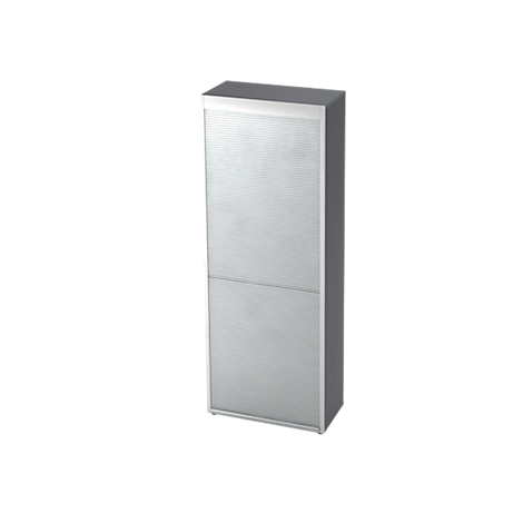 Light grey cabinet with slatted structure, divided into two sections. Grey frame and top cover.
