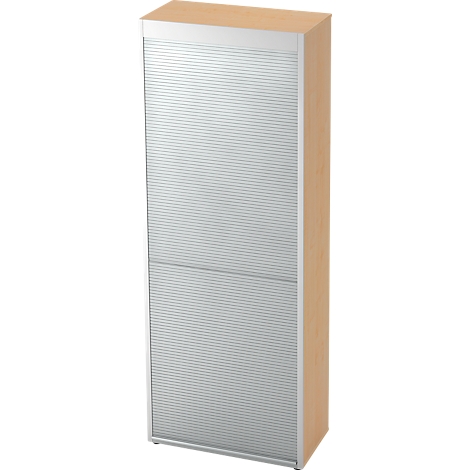 Wooden cabinet with silver slat doors.