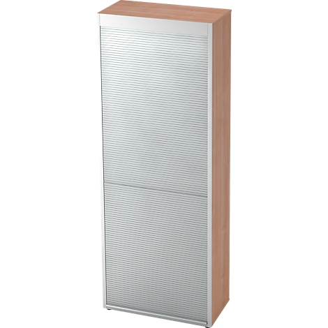 Tall cabinet with light, ribbed roller shutter closure and wooden sides, with wooden top.