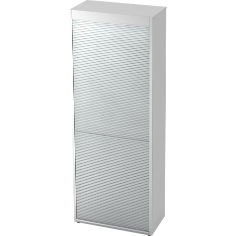 A white, rectangular cabinet with slatted doors divided by a horizontal line.