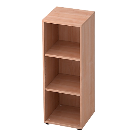 Tall, light brown bookcase with three open compartments. It stands on small black feet.