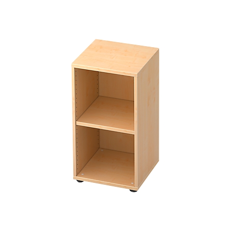 Beige wooden shelf with two compartments, on rollers.