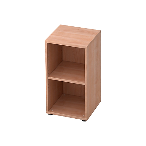A light brown bookshelf with two compartments, standing on a black base.