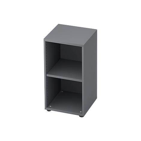 Grey open cabinet with two compartments divided by a shelf.