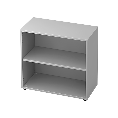 Grey, rectangular cabinet with two shelves.