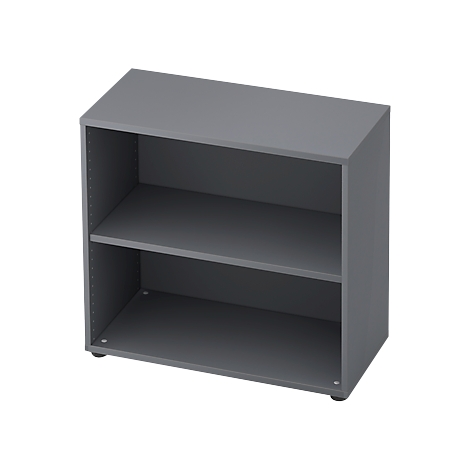 Gray shelf with two levels. Minimalist design, free-standing.