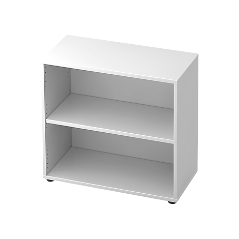 White shelf with two compartments. The shelf is standing on a grey surface.