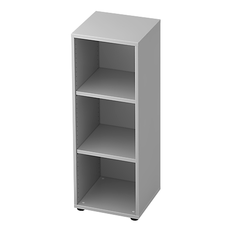 Gray, tall cabinet with three shelves. Standing on dark feet.