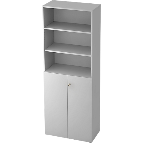A grey bookcase with four open shelves on top and two doors at the bottom. A small knob adorns the doors.