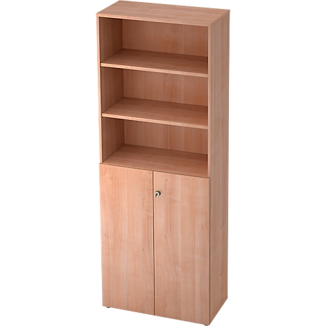 Beige rectangular cabinet with open shelves on top and closed doors at the bottom. A lock element is located on the doors.