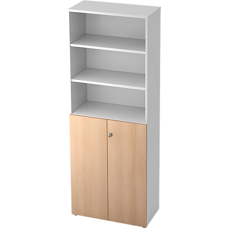Tall cabinet with open shelves above and two doors below. Light wood look meets white.