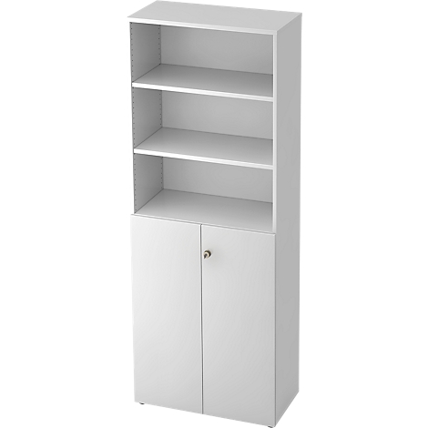 White bookcase with open top shelving and closed doors below. The handle is metal.