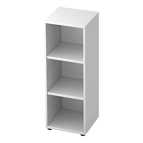 White shelf with three compartments. The shelf is simple.