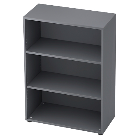 Dark gray bookcase with three compartments. The shelves are arranged at the same height.