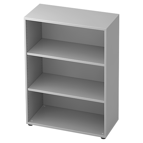 Gray bookcase with three shelves. The background is white.