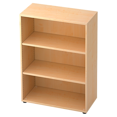 A rectangular, light wood shelf with three open compartments. The shelf stands on small black feet.