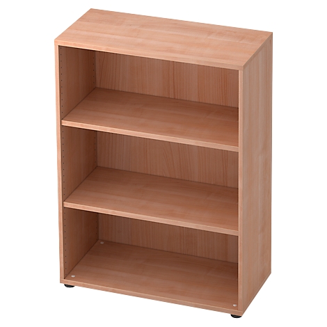 Light brown wooden bookcase with three shelves. Standing on black feet.