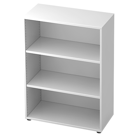 A white bookshelf with three empty shelves. It stands slightly askew.