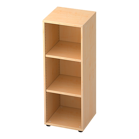 Light brown wooden shelf with three compartments. It stands on small black feet.