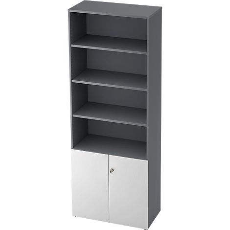 Grey bookshelf with open shelves and white cabinet part below. A golden handle.