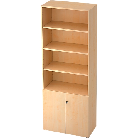 Beige bookshelf with open shelves and cabinet doors.
