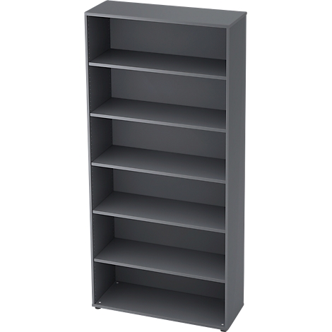 Gray bookcase with six shelves, simple design.