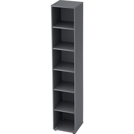 Gray, narrow cabinet with six open compartments. The cabinet stands on four small feet.