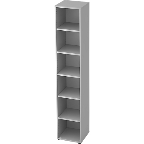 Gray bookshelf with six compartments formed by horizontal shelves.