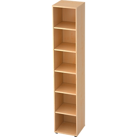Tall, narrow wooden shelf with six compartments. The surface is light brown. A simple cabinet for books or decorative items.